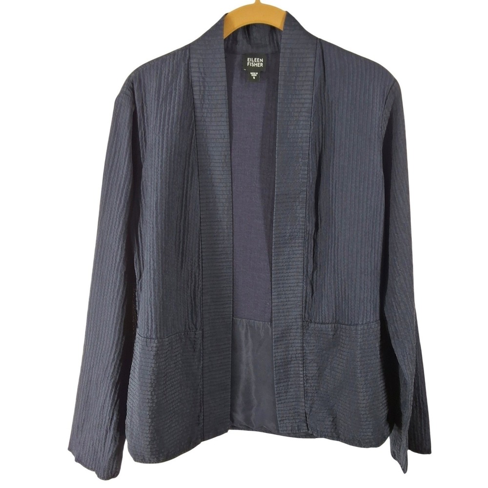 Eileen Fisher Indigo Blue 100% Silk‎ Textured Open Front Jacket Pockets Size S